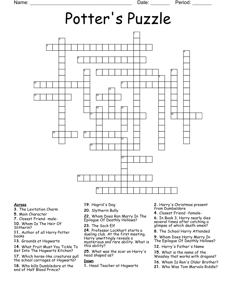 Potter&amp;#039;S Puzzle Crossword - Wordmint pertaining to Printable Harry Potter Crossword Puzzles