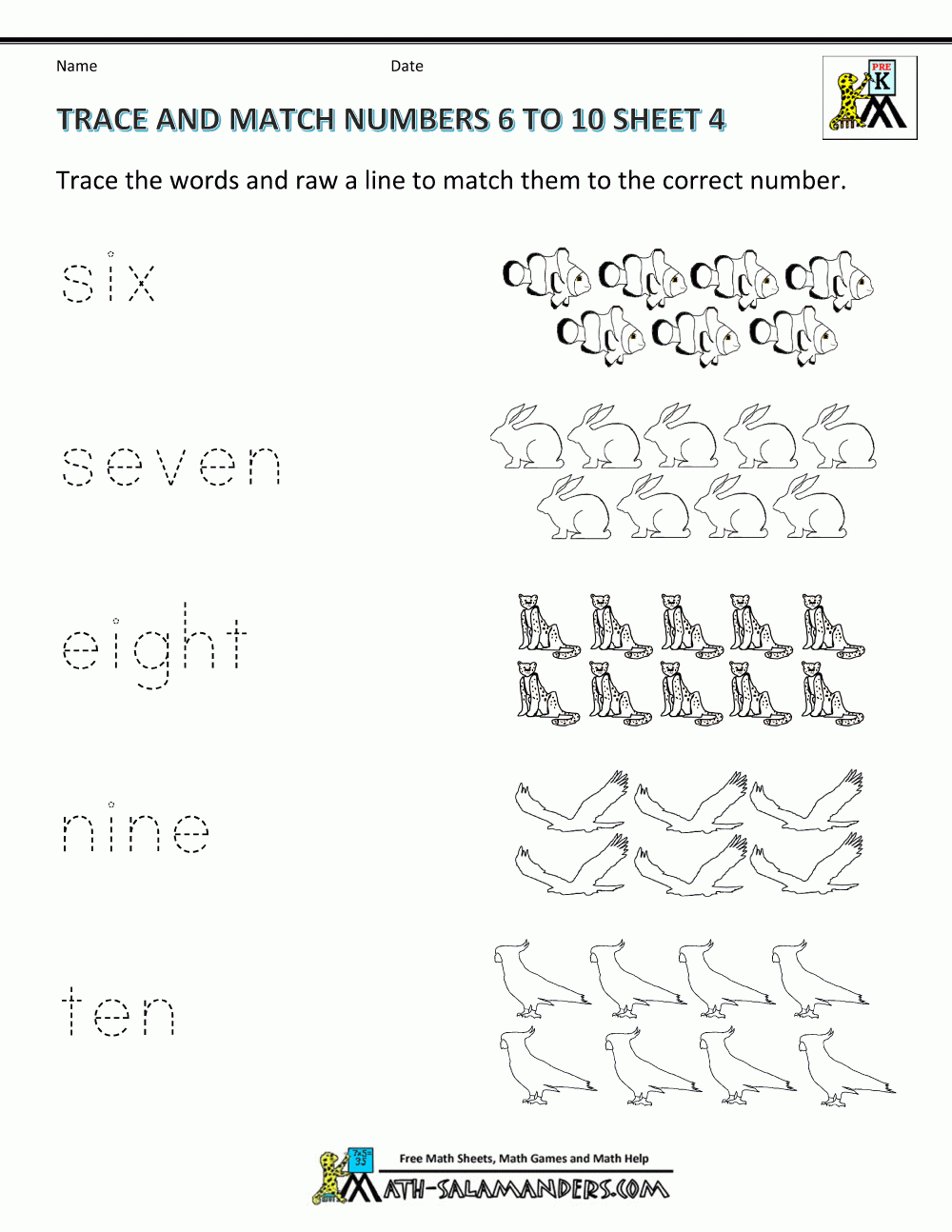 Pre K Math Worksheets - Matching 6 To 10 with Numbers 6 To 10 Worksheet Printable