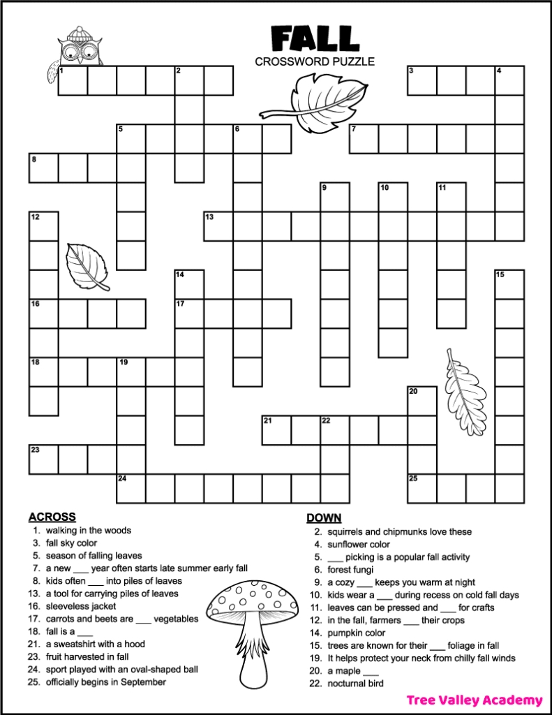Printable 4Th Grade Fall Crossword Puzzle - Tree Valley Academy in Printable Fall Crossword Puzzles
