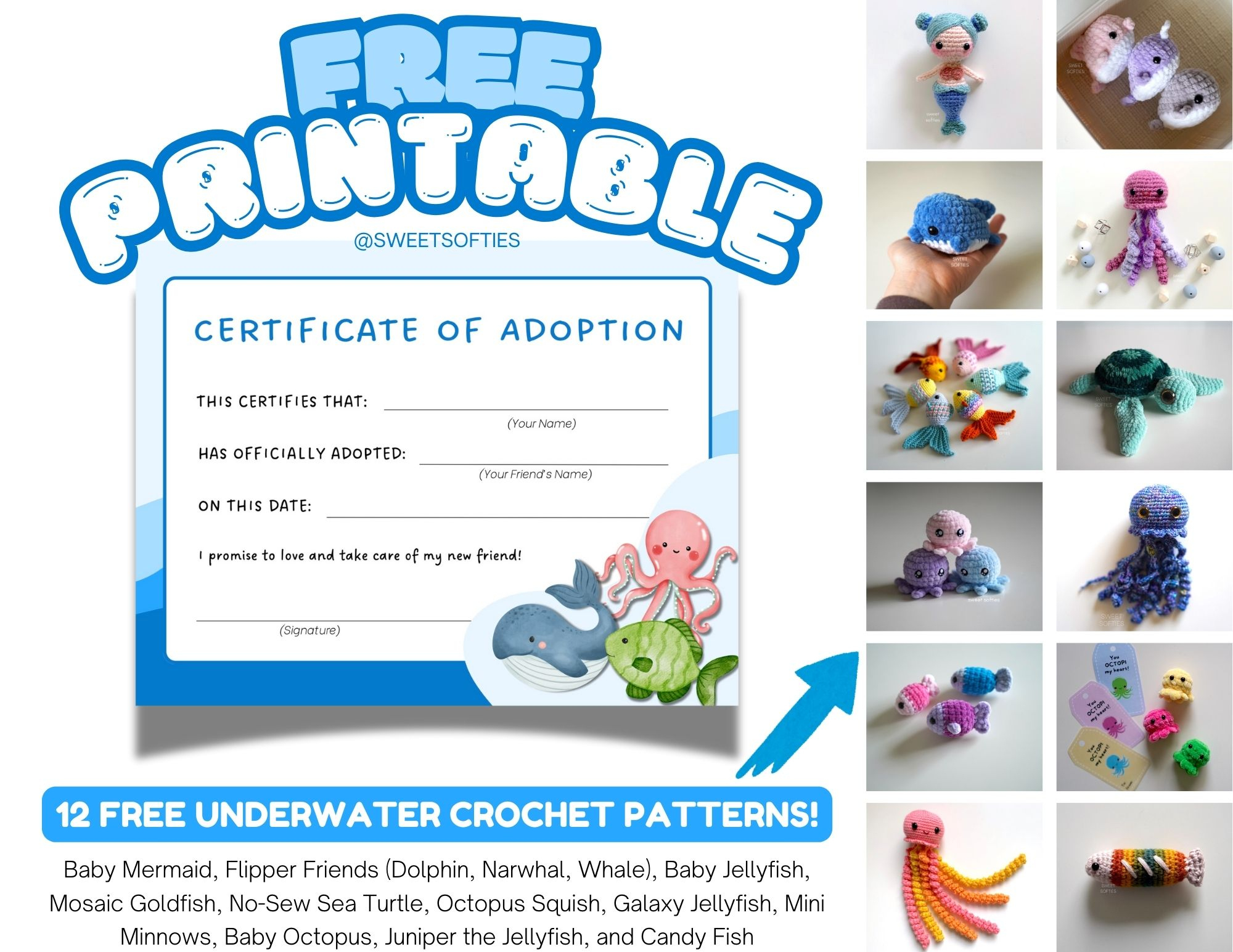Printable Amigurumi Adoption Certificate + Free Crochet Sea Animal with Stuffed Animal Adoption Certificate Free Printable