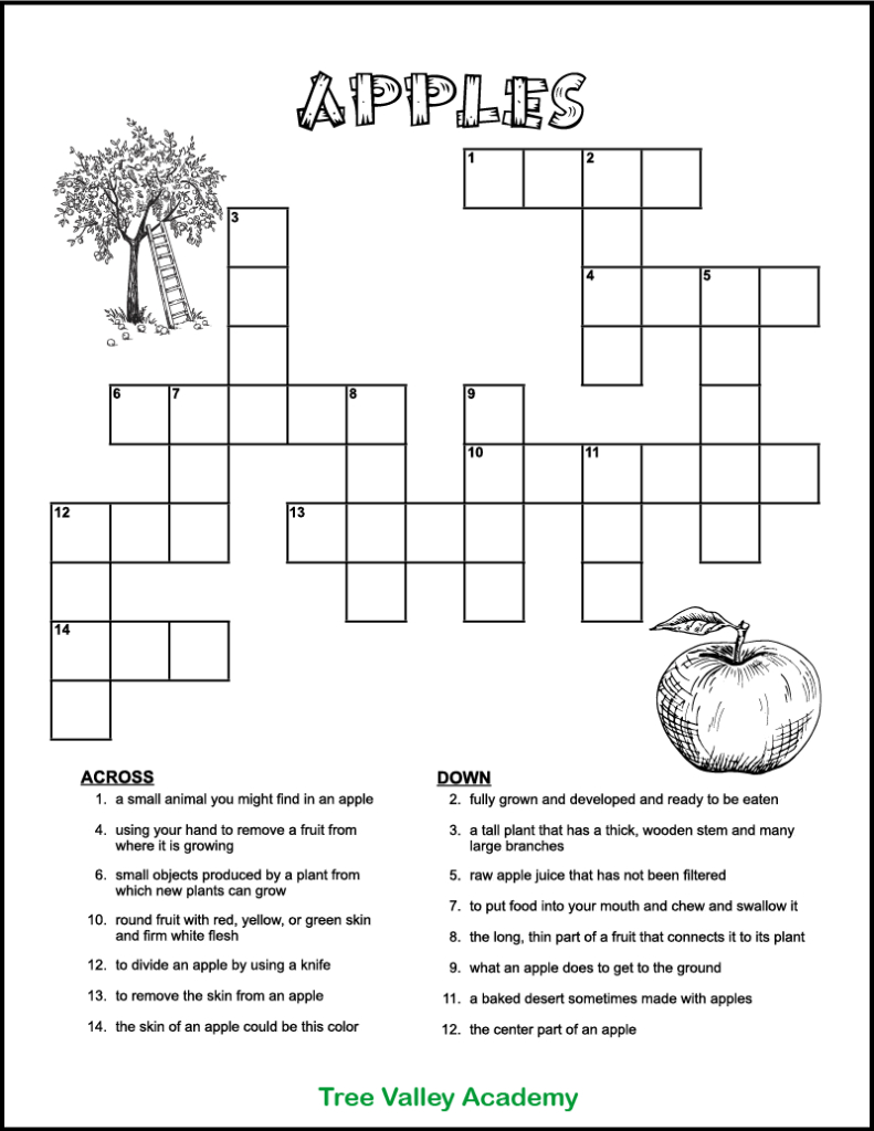 Printable Apple Crossword Puzzle For Kids - Tree Valley Academy inside Printable Crossword Puzzles For Third Graders