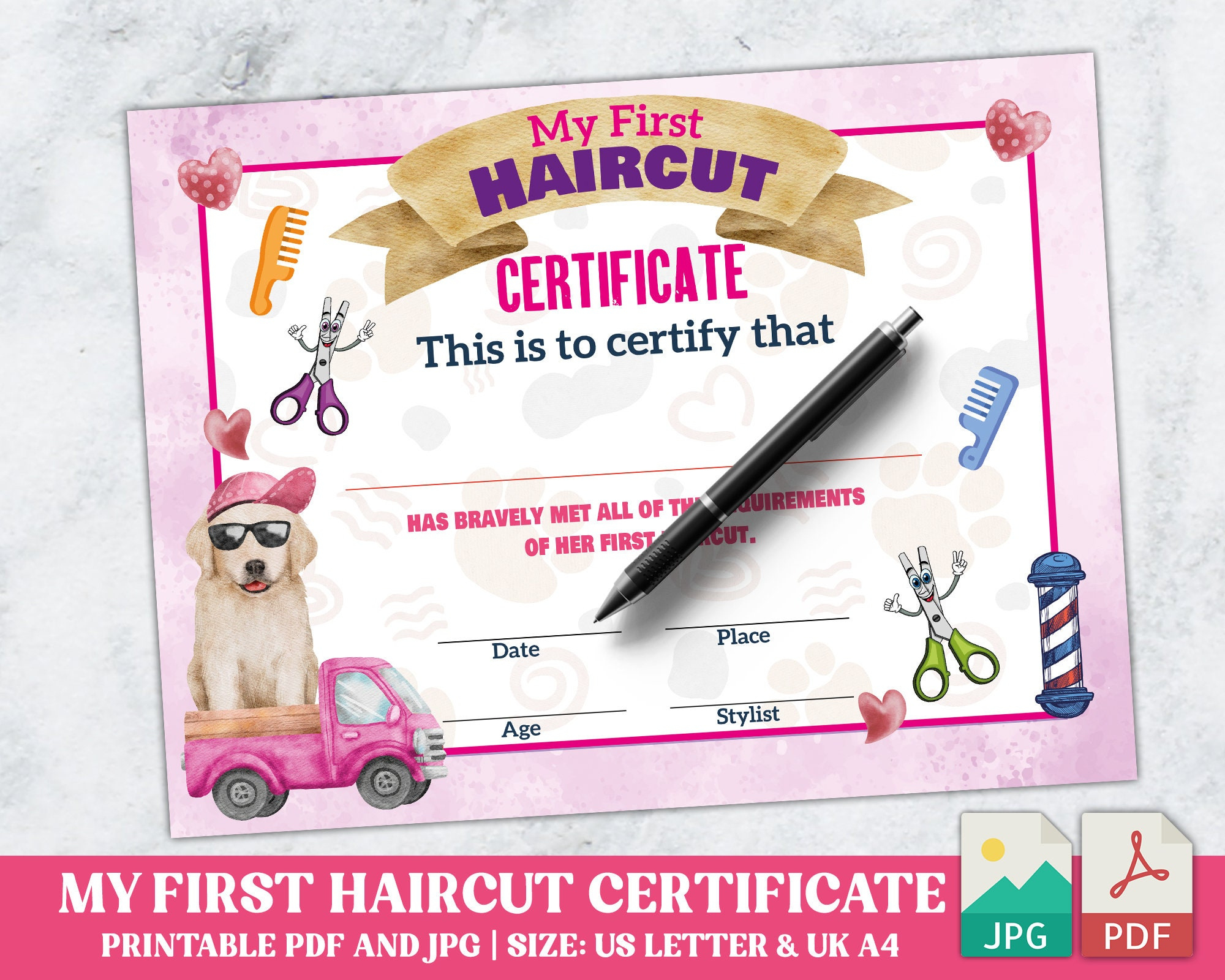 Printable Blank Pdf First Haircut Certificate For Girls, Pink within Blank Free Printable First Haircut Certificate