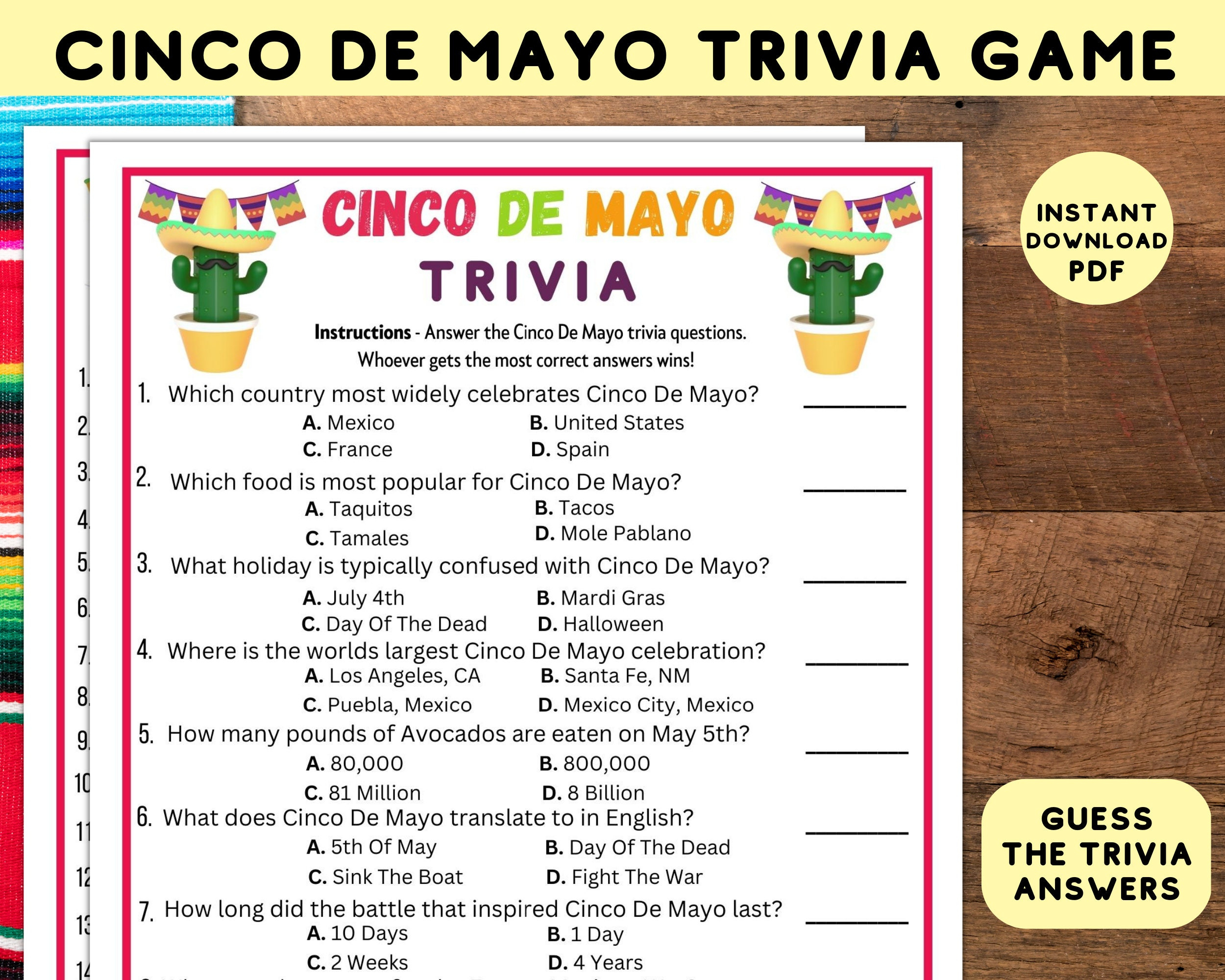 Printable Cinco De Mayo Trivia Party Game | Instant Download within Cinco De Mayo Trivia Printable