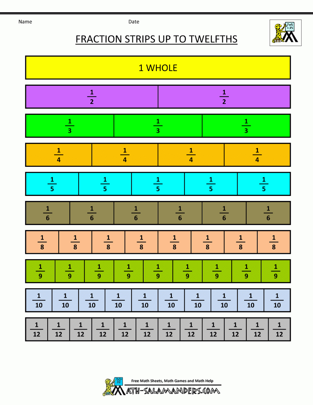 Printable Fraction Strips intended for Fraction Strips Printable To 1 16