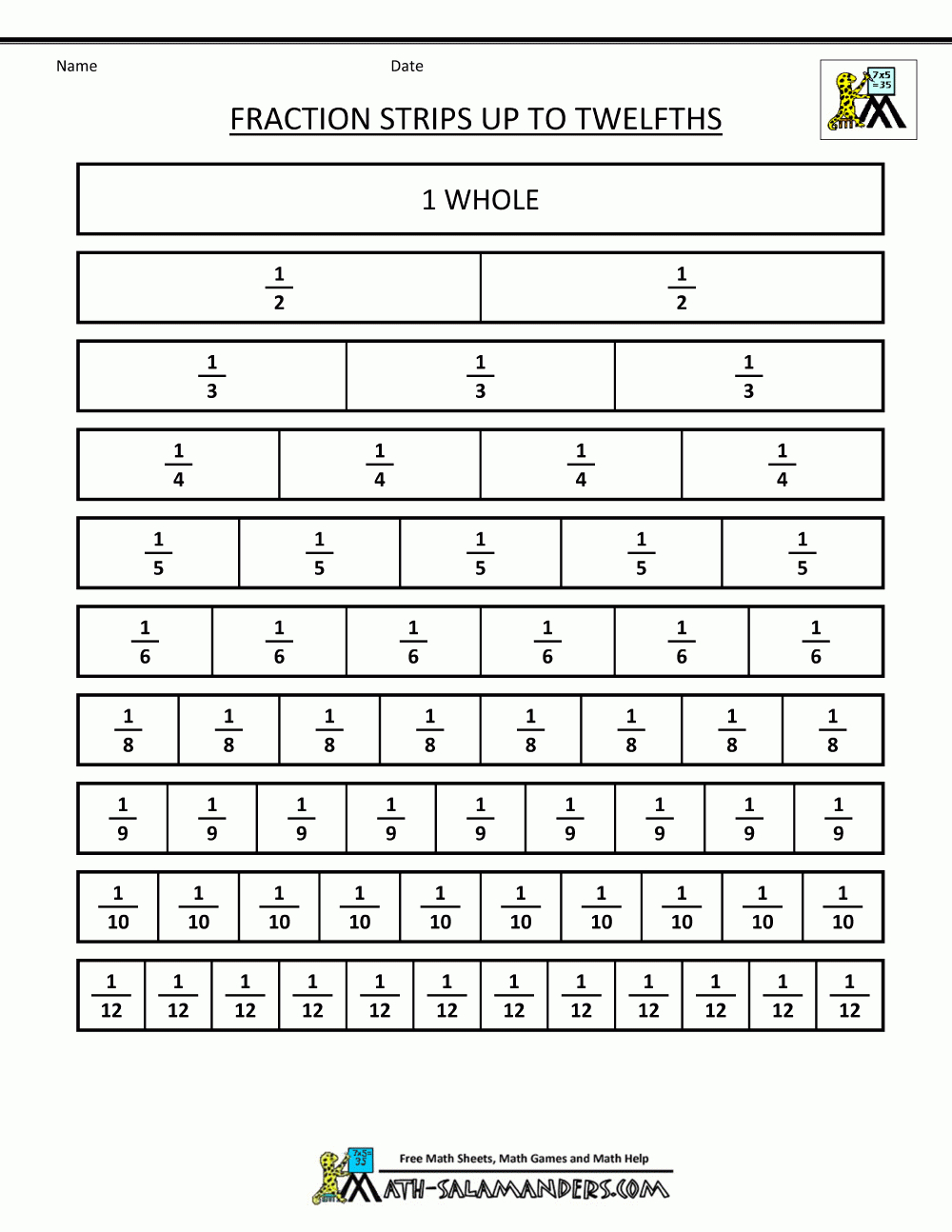 Printable Fraction Strips throughout Blank Fraction Bars Printable