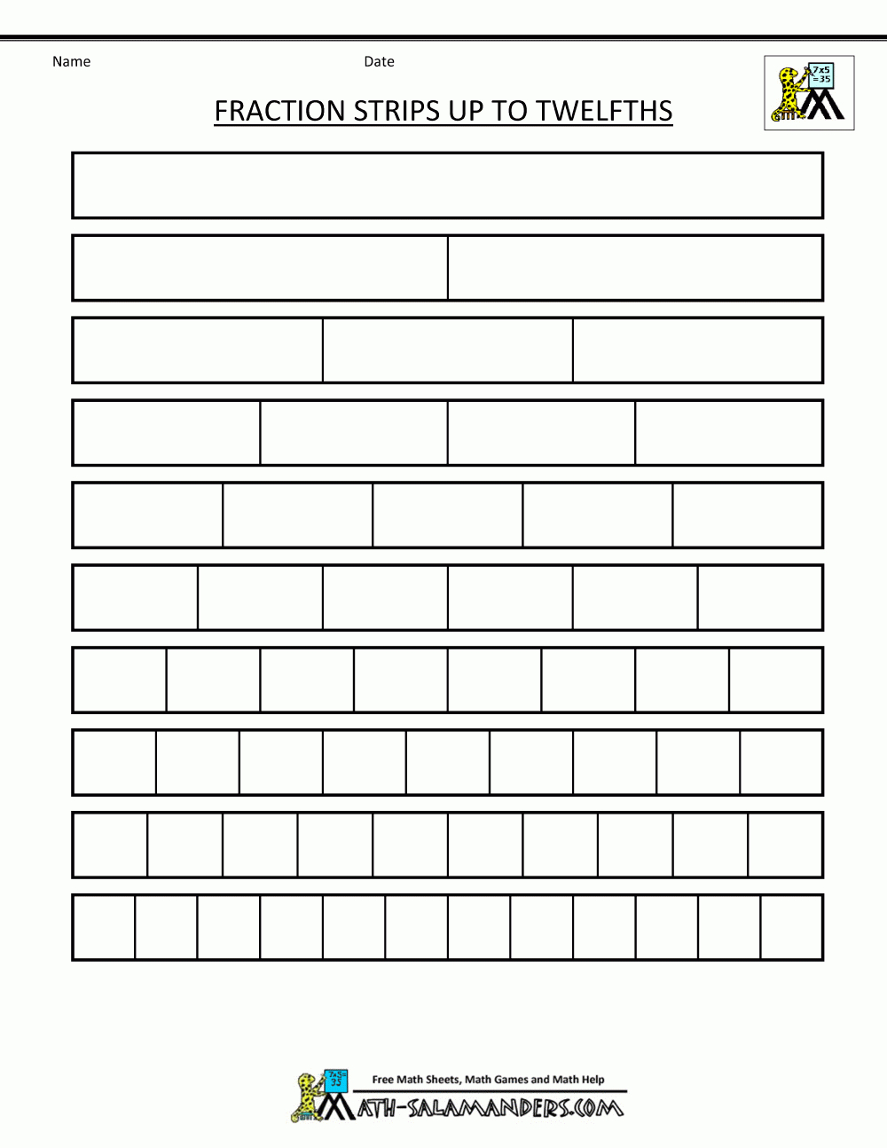 Printable Fraction Strips with Blank Fraction Bars Printable