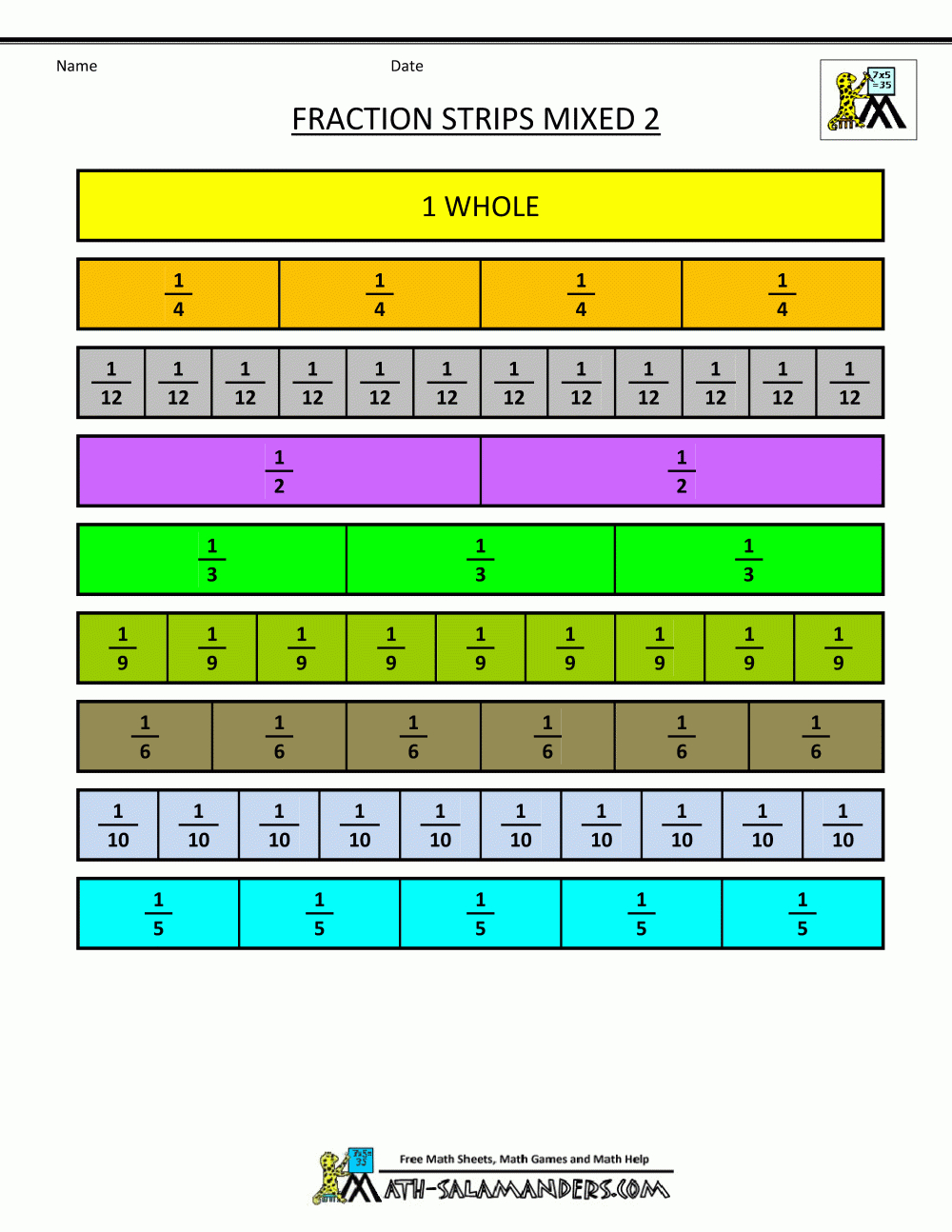 Printable Fraction Strips with Printable Fraction Strips 1 12