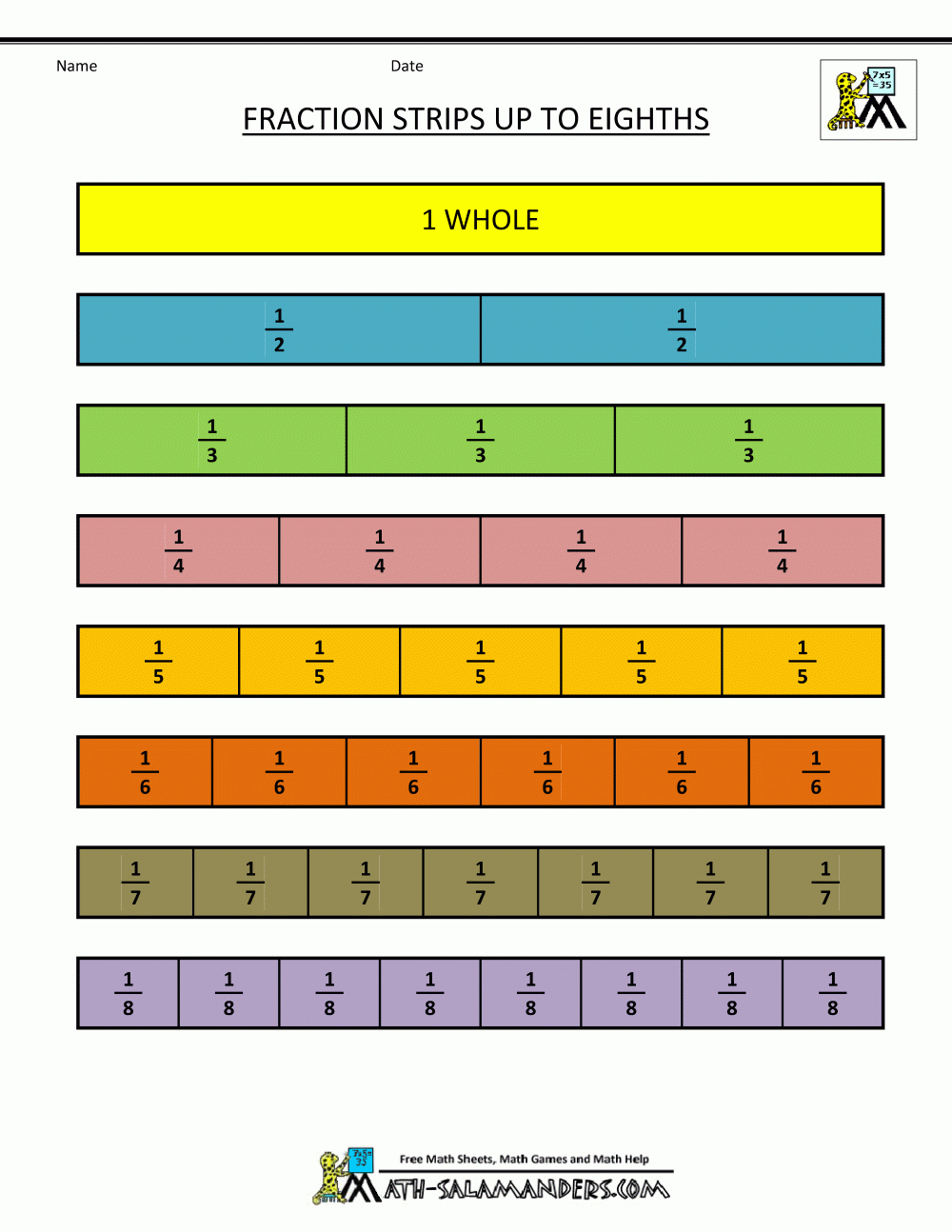 Printable Fraction Strips within Fraction Strips Free Printable