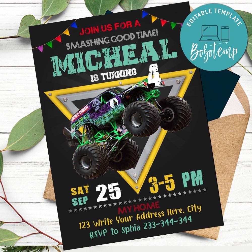 Printable Grave Digger Monster Truck Birthday Invitation Diy inside Free Monster Truck Birthday Invitations Printable