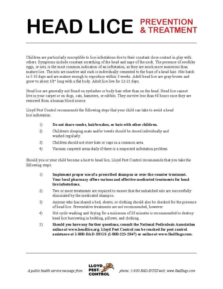 Printable: Head Lice Prevention And Treatment - Lloyd Pest Control with Printable Head Lice Notice To Parents