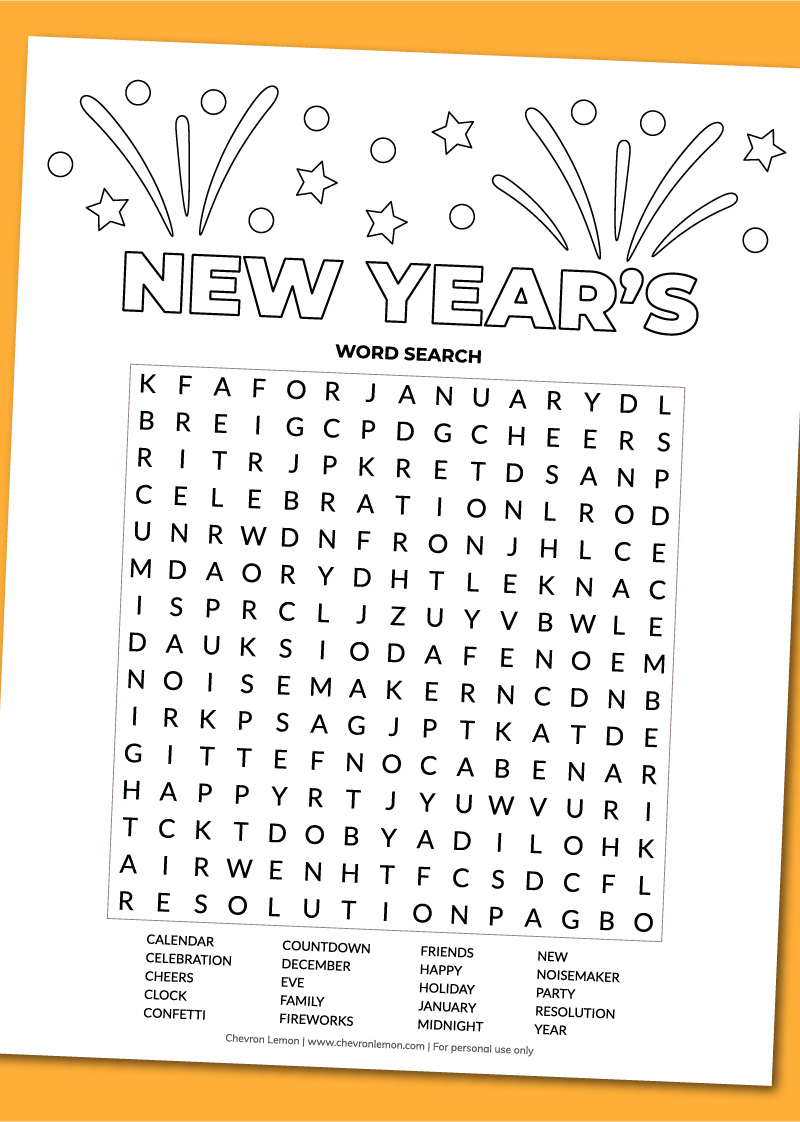 Printable New Year&amp;#039;S Word Search - Chevron Lemon with regard to Free Printable New Years Word Search