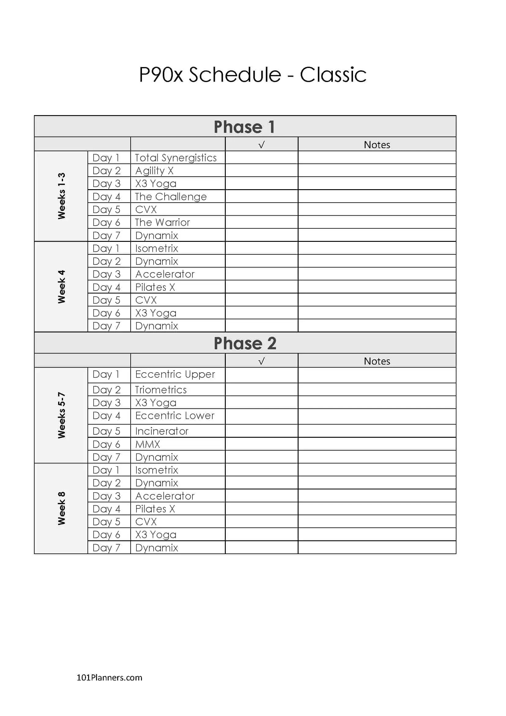 Printable P90X Schedule For The Classic, Lean And Doubles for Free Printable P90X Workout Schedule
