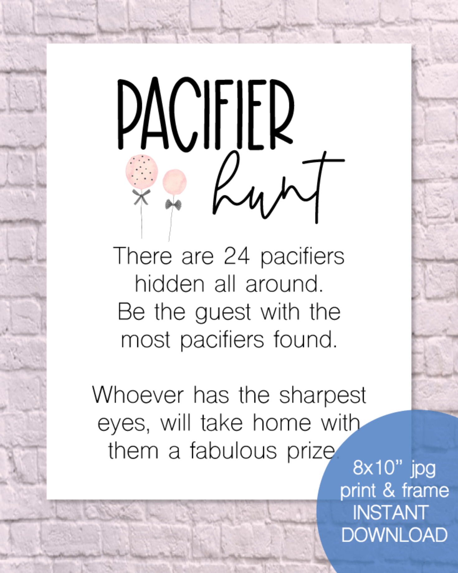 Printable Pacifier Hunt Baby Shower Game Sign - Pink Balloons pertaining to Pacifier Hunt Free Printable
