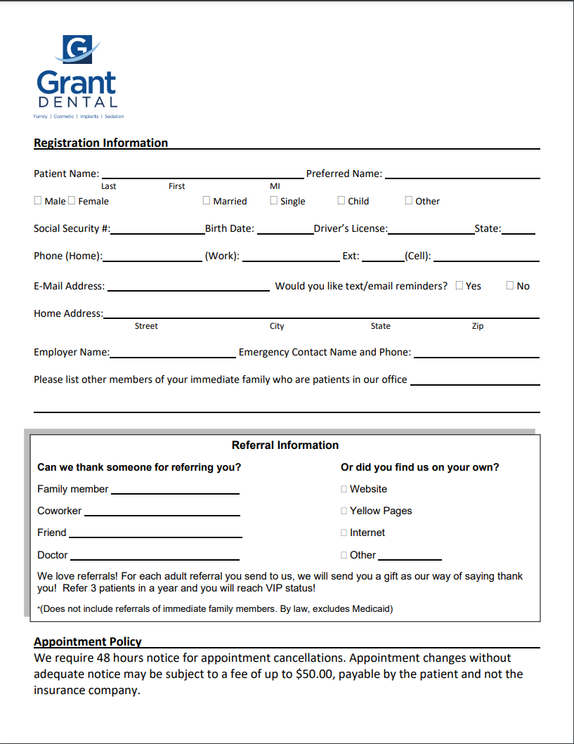 Printable Patient Forms | Grant Dental with regard to Free Printable New Patient Dental Forms