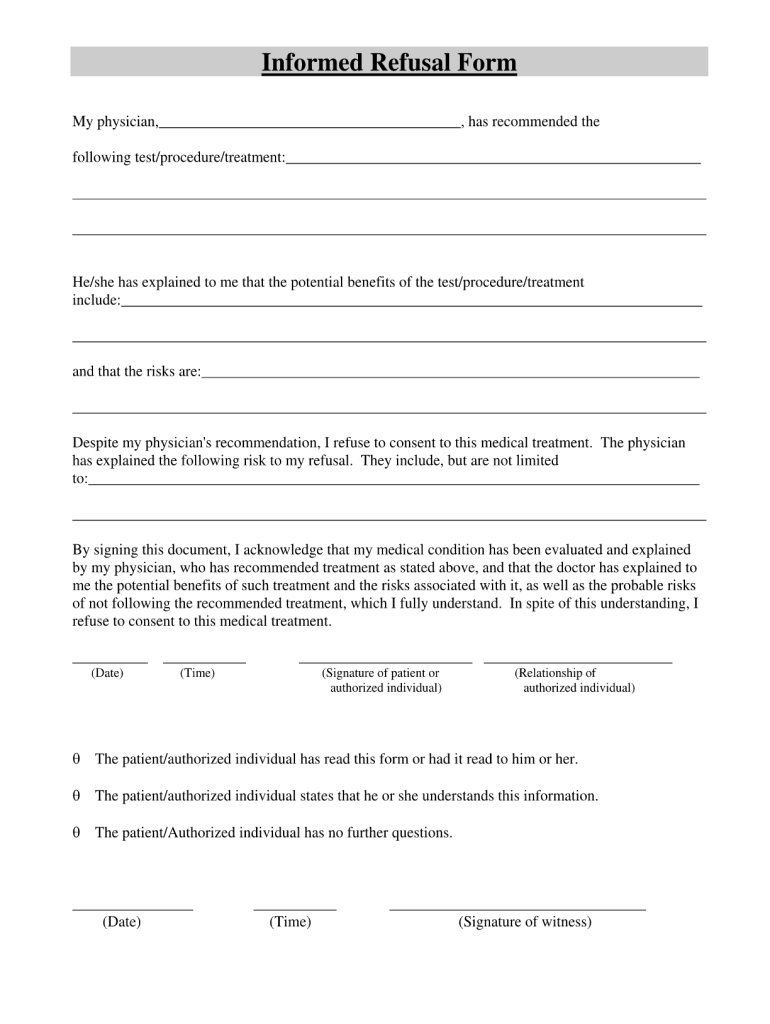Printable Refusal Of Medical Treatment Form: Fill Out &amp;amp; Sign pertaining to Printable Refusal of Medical Treatment Form