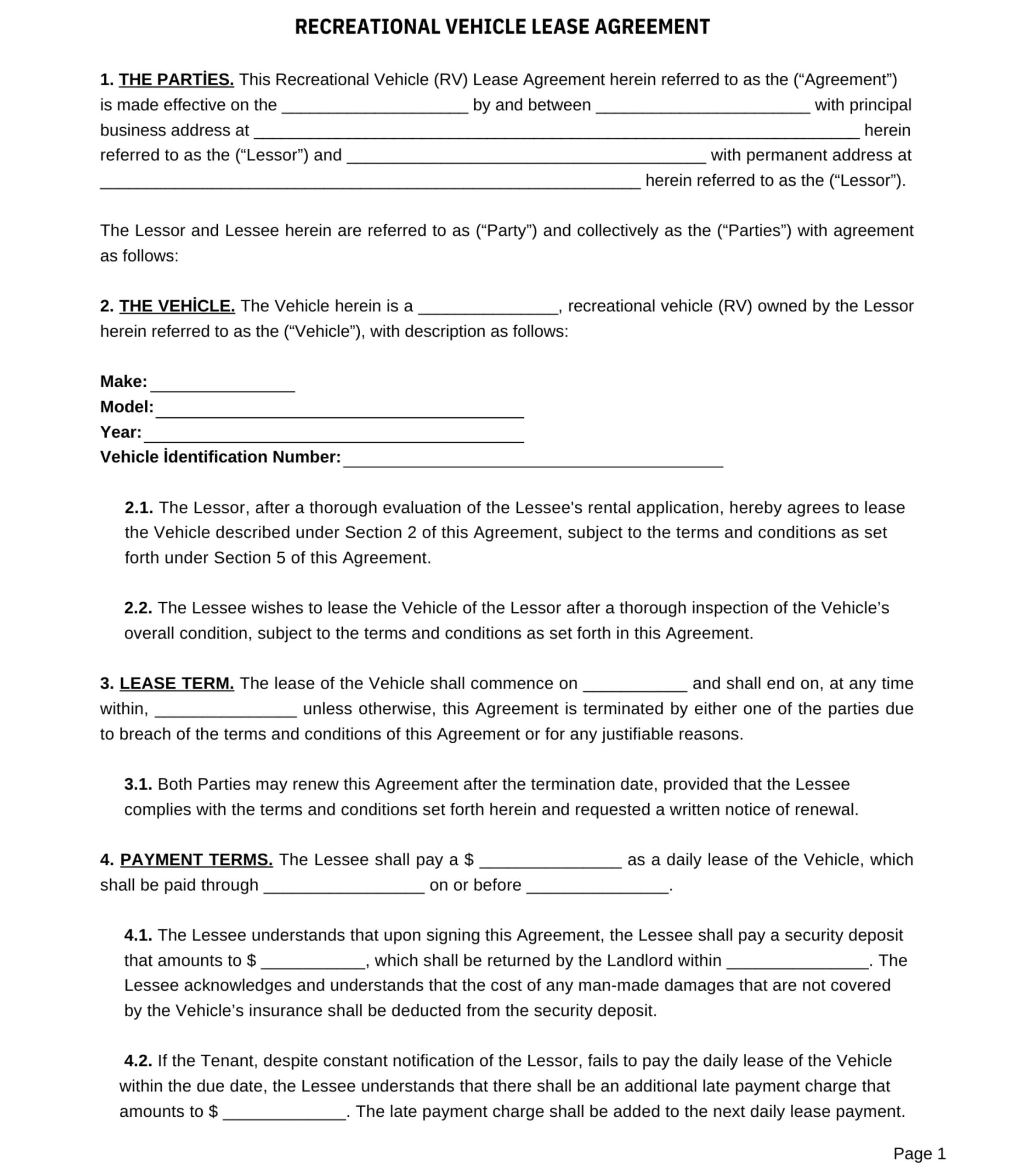 Printable Rv Rental Agreement, Short Term Rental Rv Camper Pdf with regard to Free Printable Rv Rental Agreement