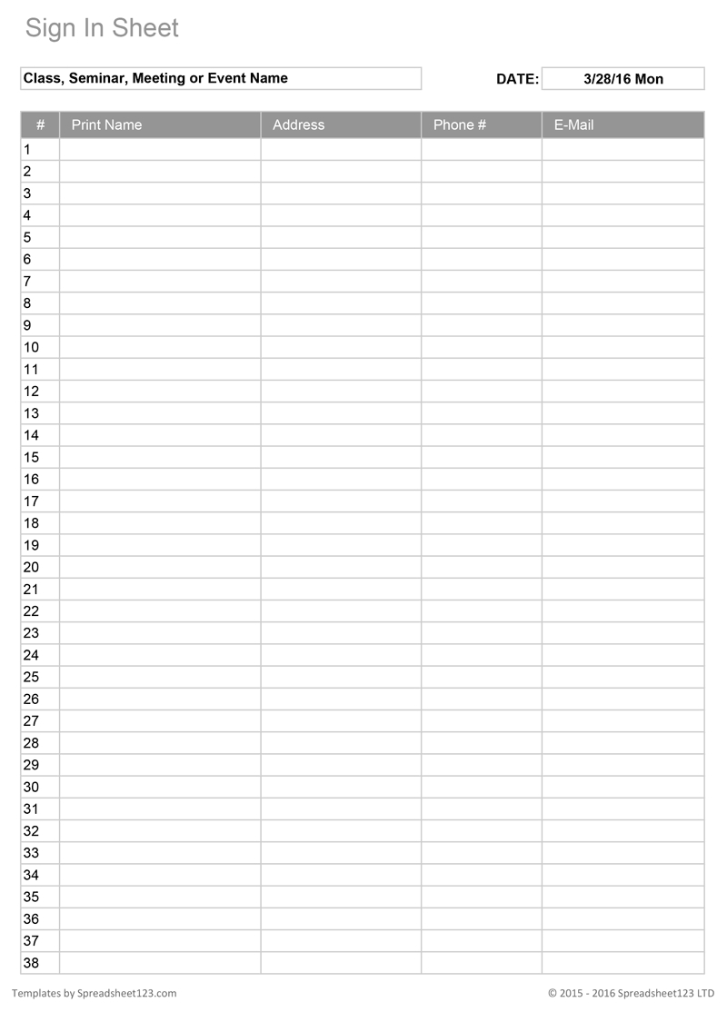 Printable Sign In Worksheets And Forms For Excel, Word And Pdf with Free Printable Sign In Sheet Template