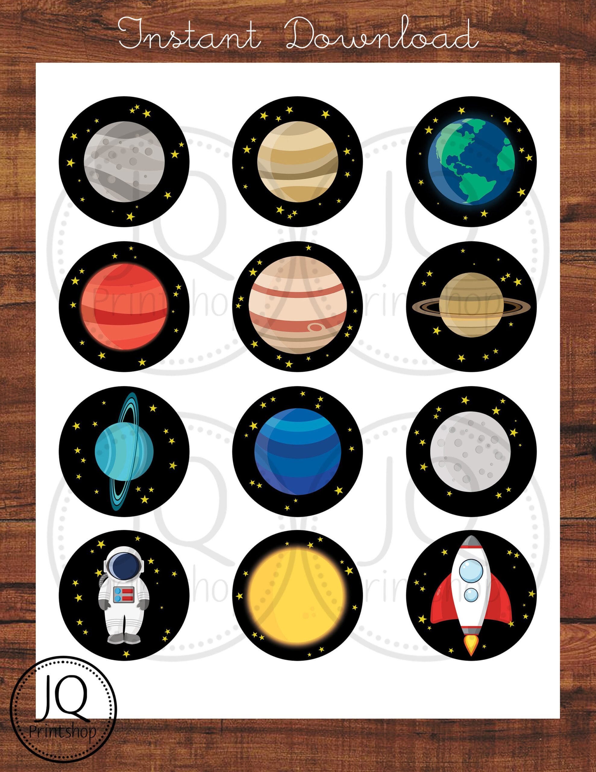 Printable Space Theme Cupcake Toppers, Planets Favor Tags, Solar in Space Cake Topper Printable