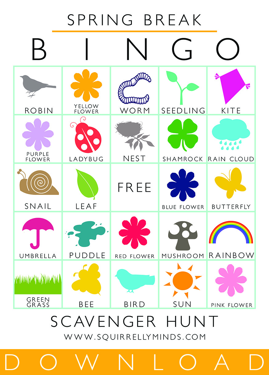 Printable Spring Break Bingo Scavenger Hunt Sheet - Squirrelly Minds with regard to Spring Bingo Cards Printable Free