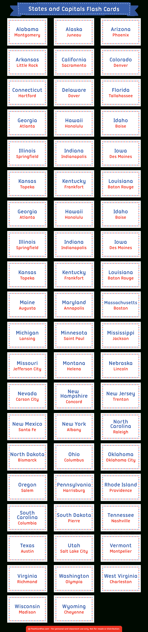 Printable States And Capitals Flash Cards with 50 States Flash Cards Printable