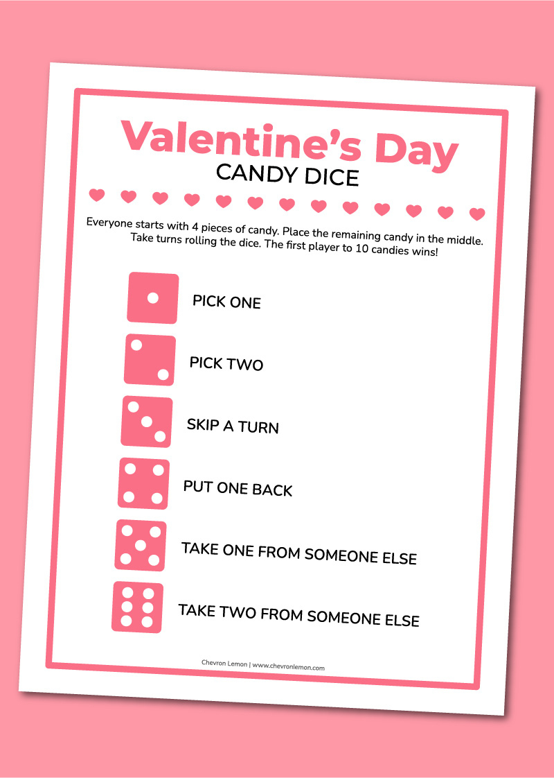 Printable Valentine&amp;#039;S Day Candy Dice Game - Chevron Lemon regarding Candy Dice Game Free Printable