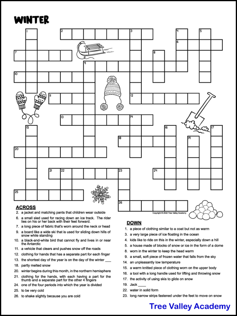 Printable Winter Crossword Puzzles For Kids - Tree Valley Academy pertaining to Medium Crossword Puzzles Printable