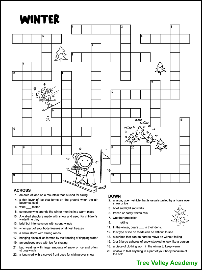 Printable Winter Crossword Puzzles For Kids - Tree Valley Academy throughout Free Printable Crosswords Hard