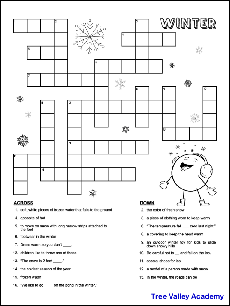 Printable Winter Crossword Puzzles For Kids - Tree Valley Academy within Winter Crossword Puzzles Printable