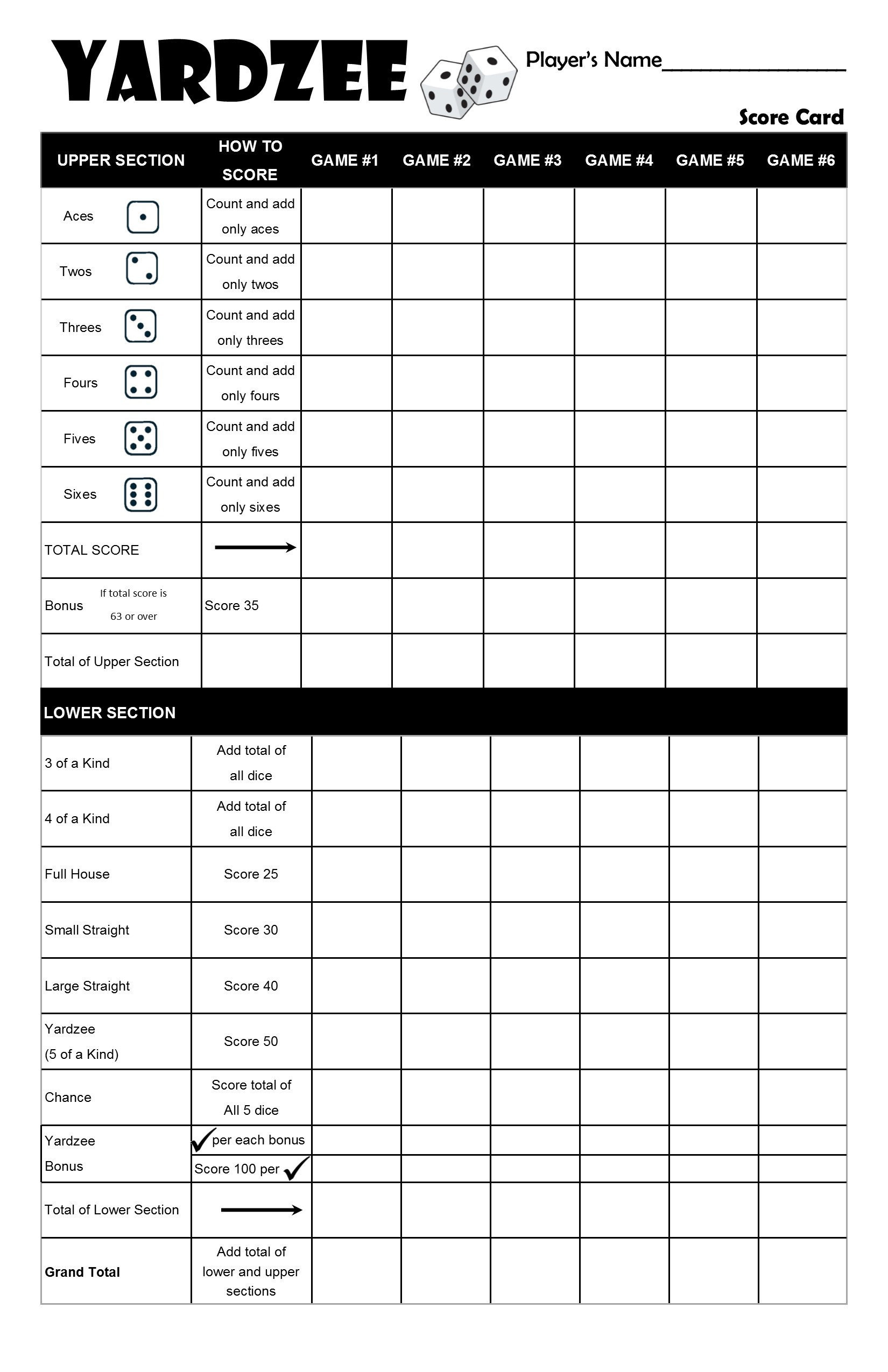 Printable Yardzee Yahtzee Laminated Score Sheet Scorecards With throughout Full Page Free Printable Yardzee Score Card