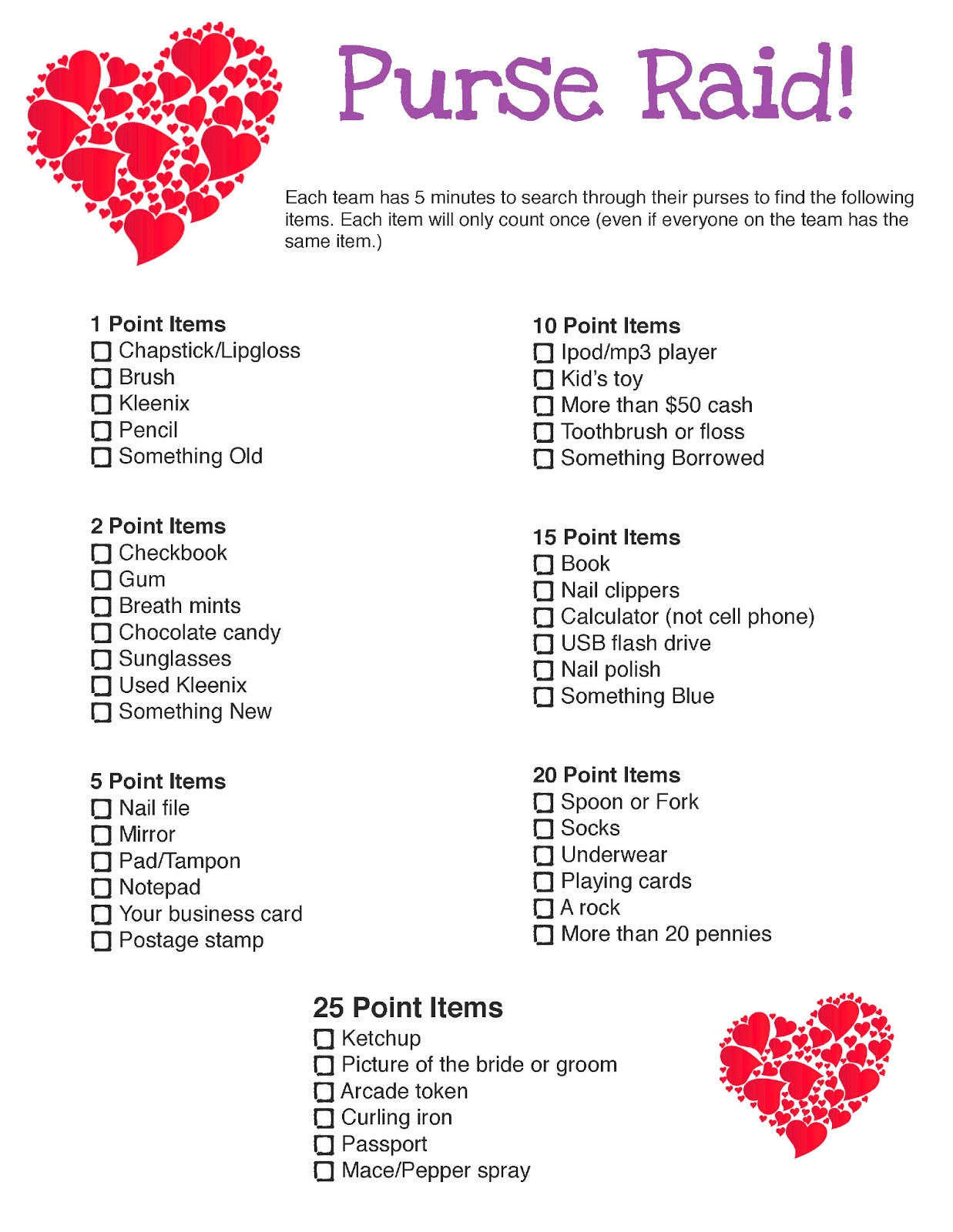 Purse Raid Bridal Shower Game - Marcia Beckett inside Purse Scavenger Hunt Printable Free