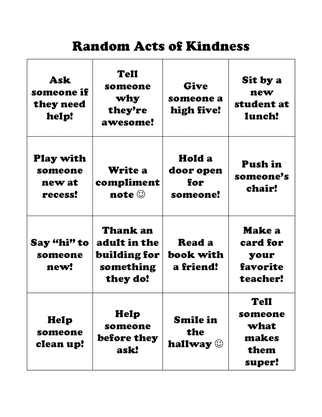 Random Acts Of Kindness Bingo-Set Von 10 regarding Bingo Push Out Cards