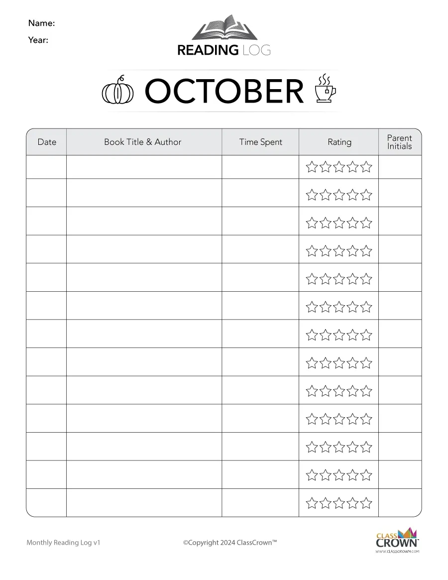 Reading Log: October - Free Reading Charts | Classcrown regarding October Reading Log Free Printable