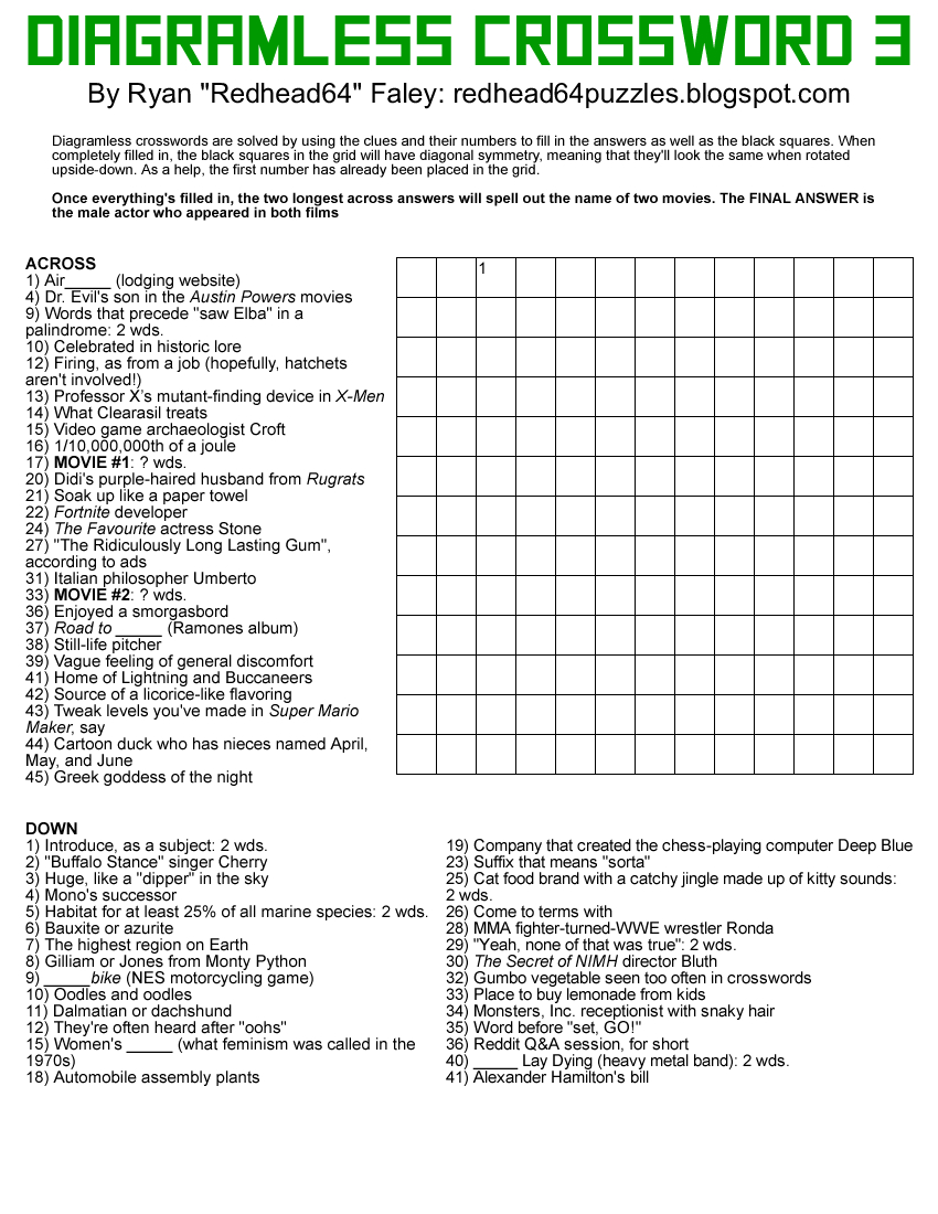 Redhead64&amp;#039;S Obscure Puzzle Blog!: Puzzle #227: Diagramless Crossword 3 for Diagramless Crosswords Printable