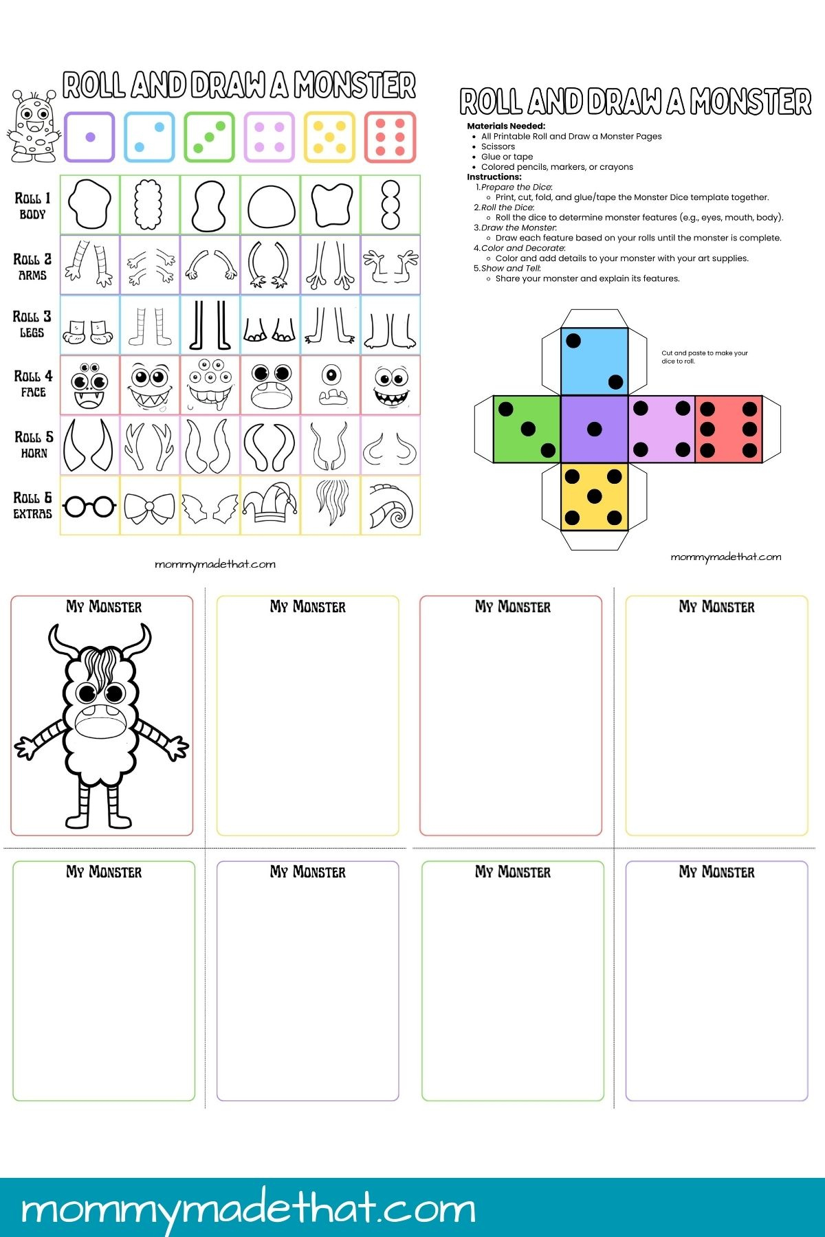 Roll &amp;amp; Draw A Monster Game (Free Printable) inside Roll a Monster Free Printable