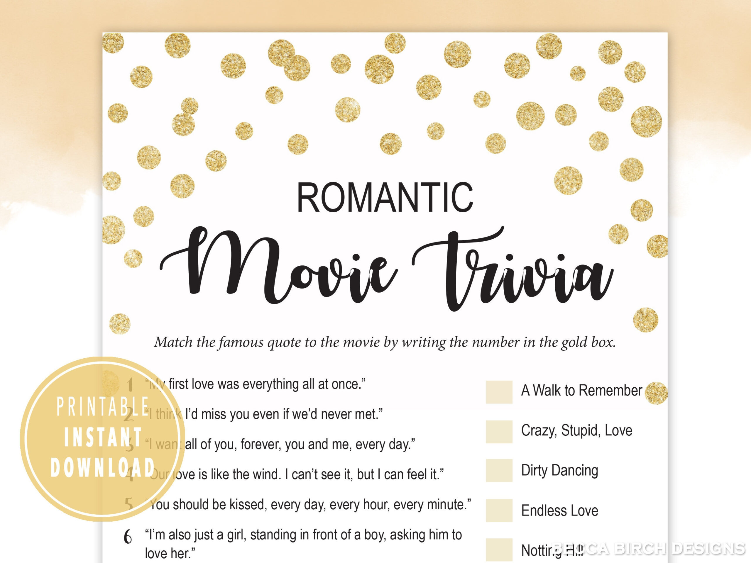 Romantische Film Quiz - Druckbare Brautparty Spiele - Virtuelle for Romantic Movie Quiz Questions and Answers Printable