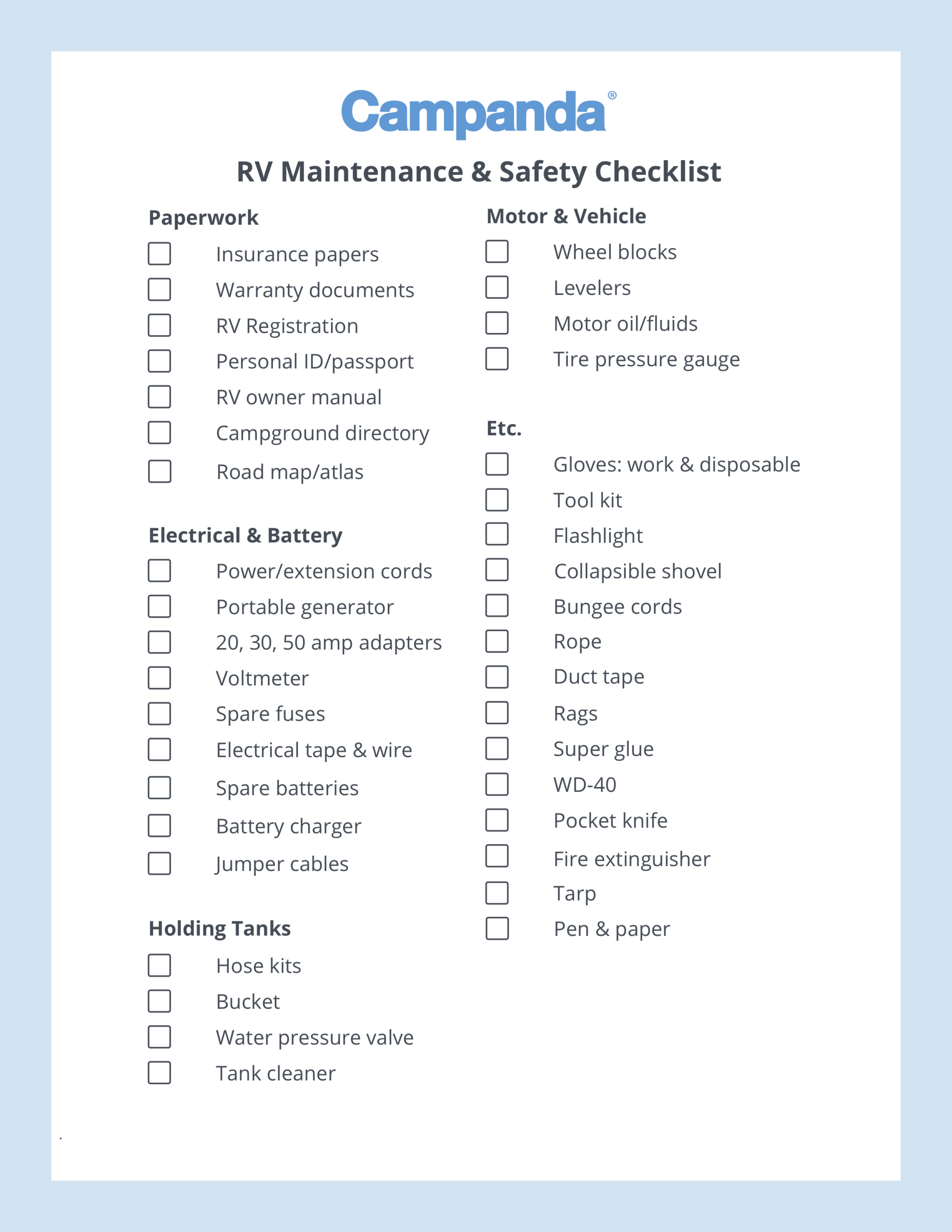 Rv Checklists: 6 Printable Packing Lists | Campanda intended for Free Printable Rv Departure Checklist