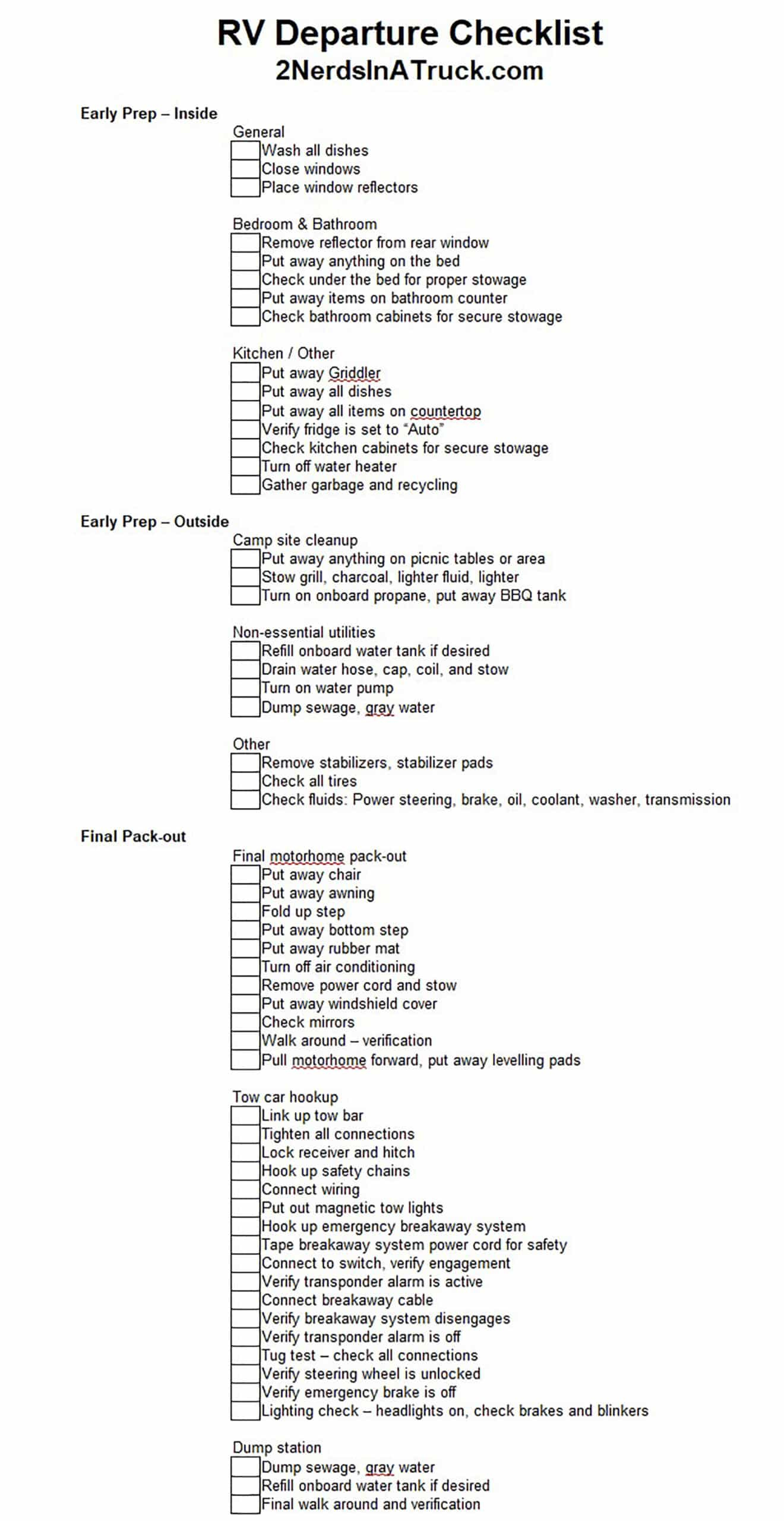 Rv Departure Checklist &amp;amp; Best Tear Down Tips - 2 Nerds In A Truck with regard to Free Printable Rv Departure Checklist