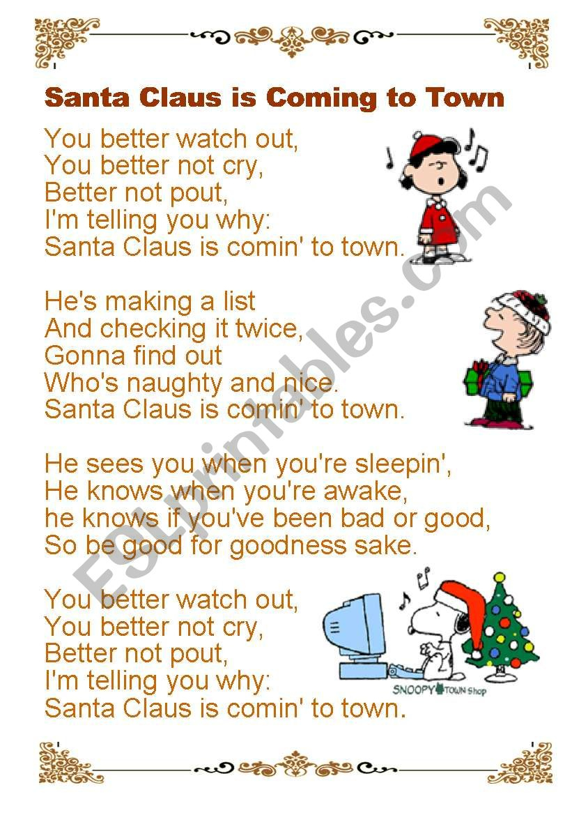 Santa Claus Is Coming To Town - Esl Worksheetfatfatrea for Santa Claus Is Comin to Town Lyrics Printable