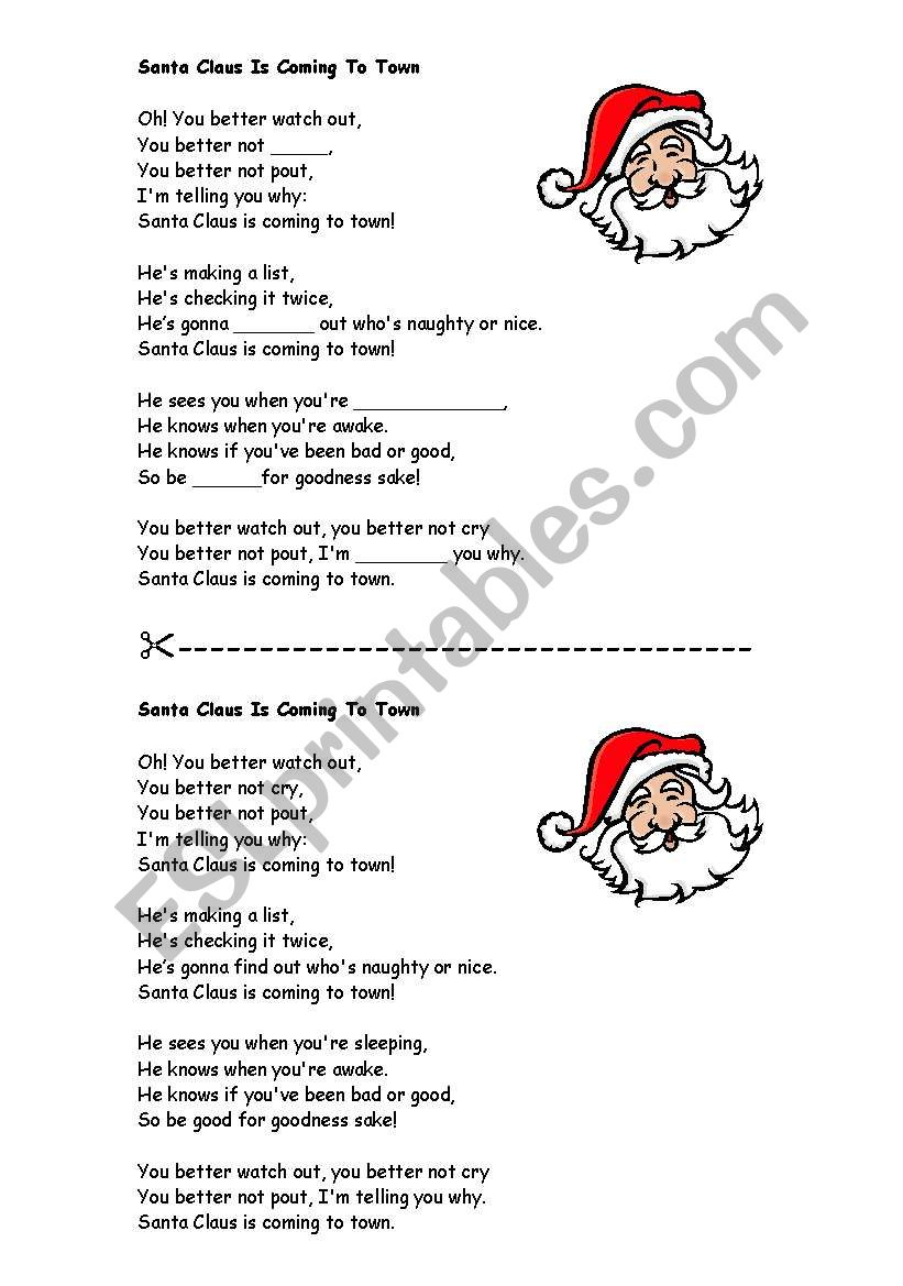 Santa Claus Is Comming To Town - Lyrics - Esl Worksheeteflmon throughout Santa Claus Is Comin To Town Lyrics Printable