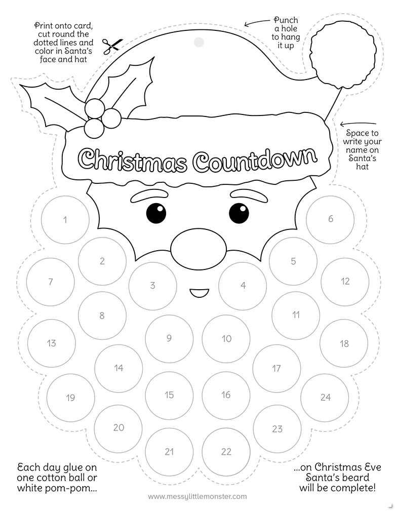 Santa&amp;#039;S Beard Christmas Countdown Printable - Messy Little Monster for Free Printable Santa Cotton Ball Beard