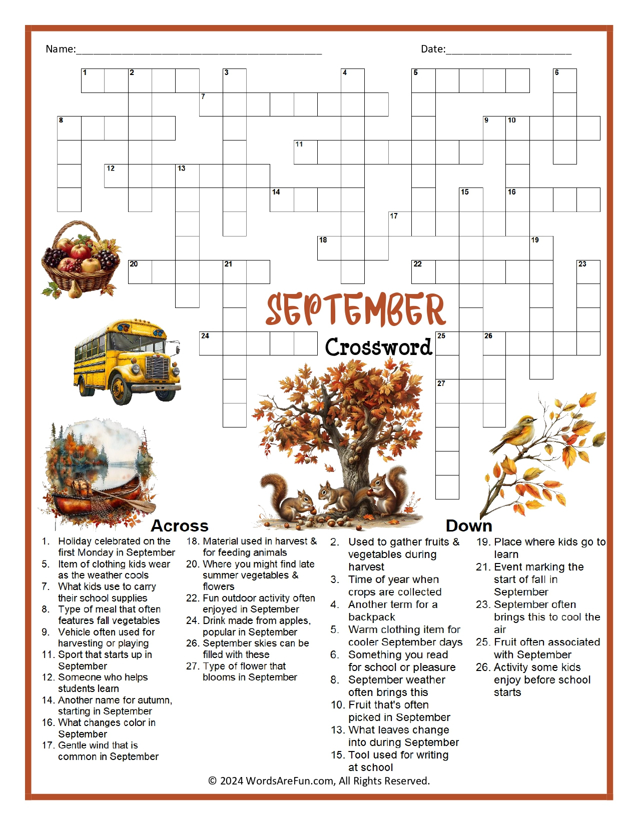 September Crossword Puzzle with September Crossword Puzzle Printable