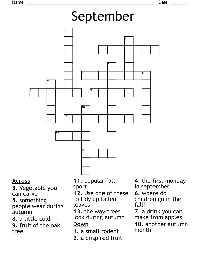 September Crossword - Wordmint throughout September Crossword Puzzle Printable