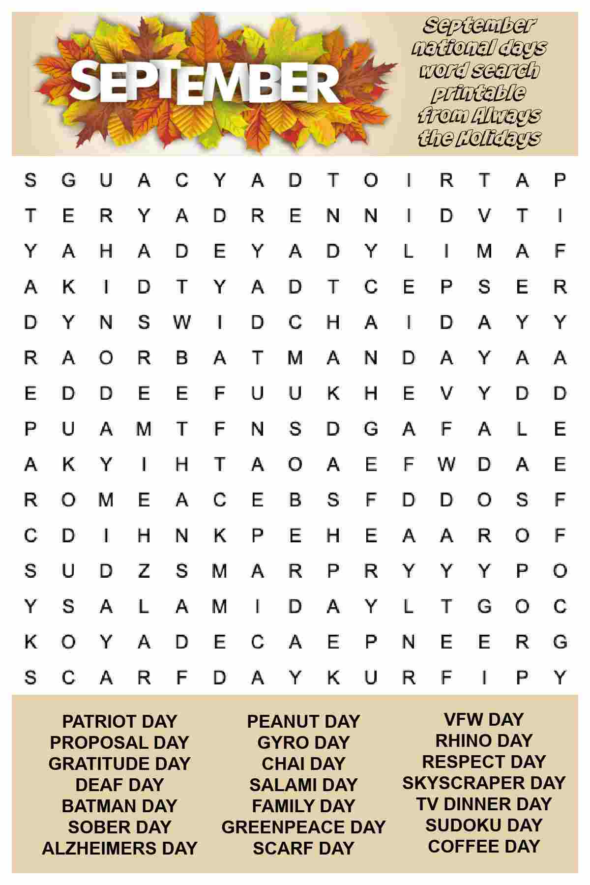 September Word Search Printable - Free National Days Word Find with September Crossword Puzzle Printable