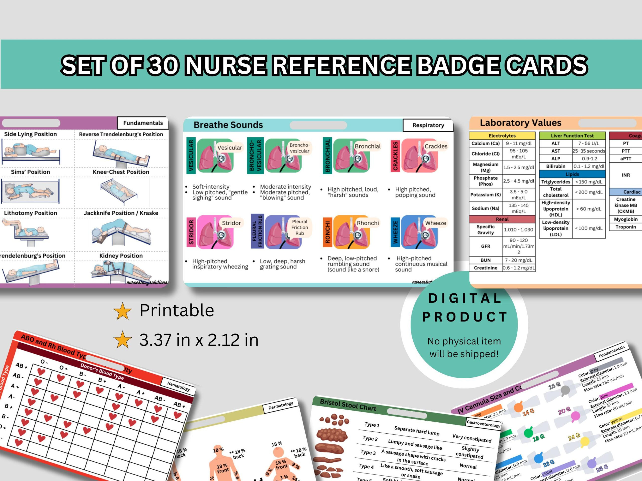 Set Of 30 Complete Nurse Reference Badge Card Pack Rn Pocket Cards with regard to Nursing Badge Reference Cards Printable Free