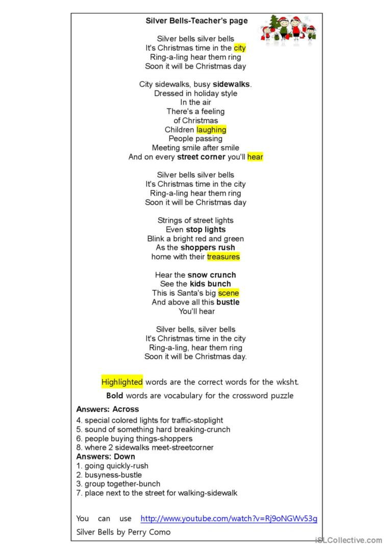 Silver Bells Song Worksheet Song And…: English Esl Worksheets Pdf inside Lyrics to Silver Bells Printable