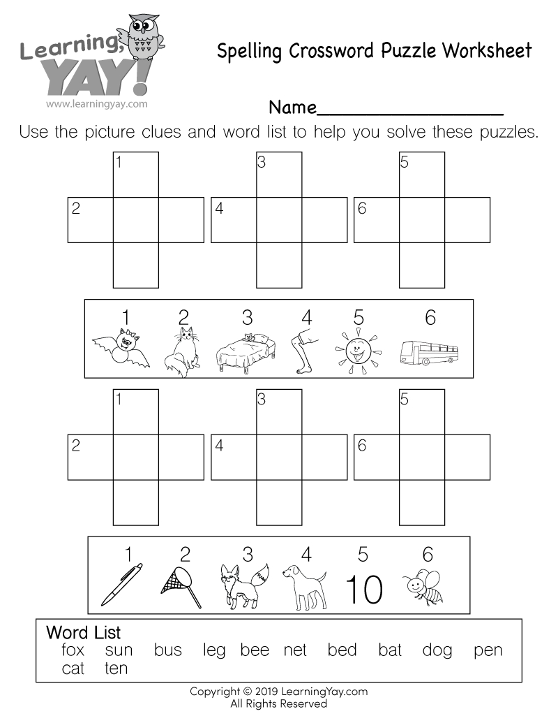 Spelling Crossword Puzzle Worksheet For 1St Grade (Free Printable) inside Crossword Puzzles For First Graders Printable