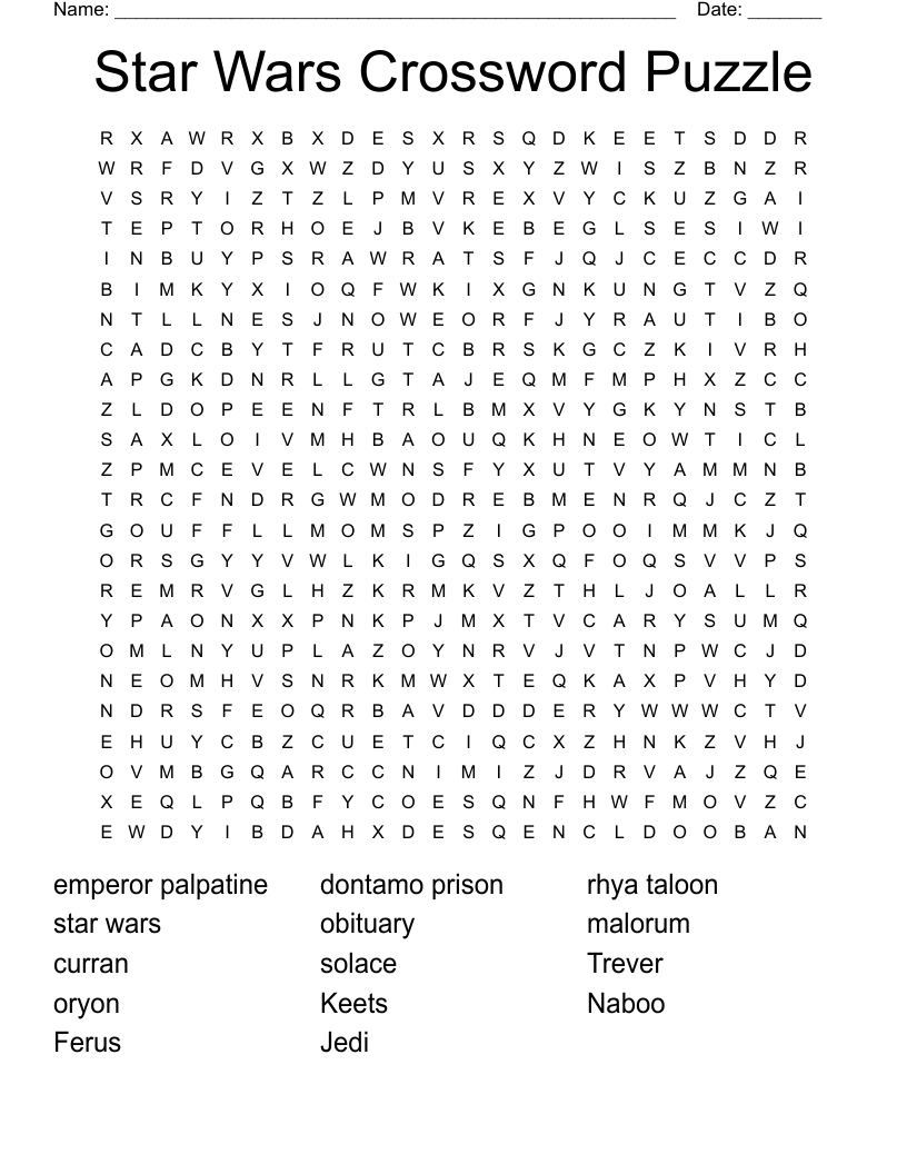 Star Wars Crossword Puzzle Word Search - Wordmint throughout Star Wars Crossword Puzzle Printable