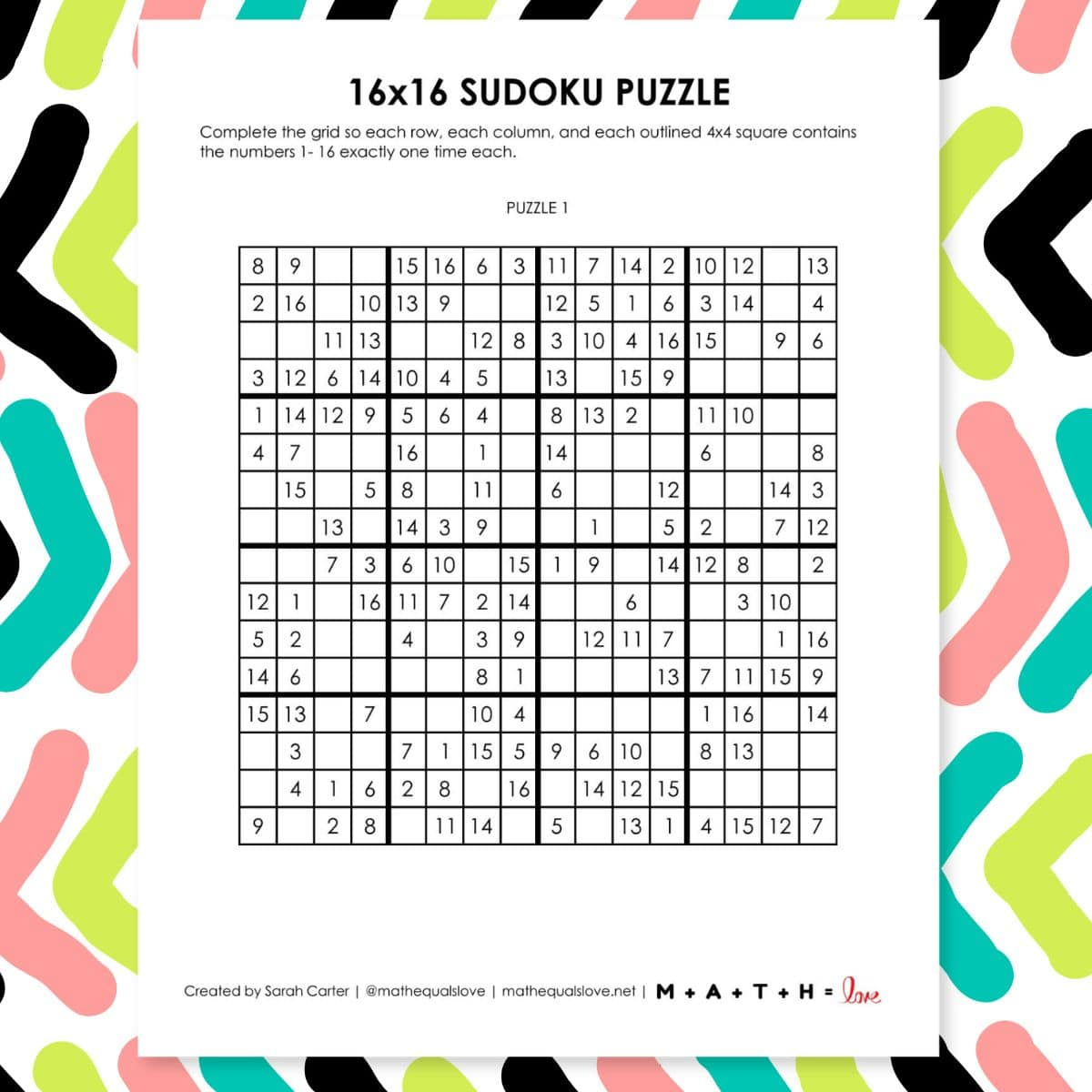 Sudoku | Math = Love pertaining to Free Printable 16X16 Sudoku Puzzles