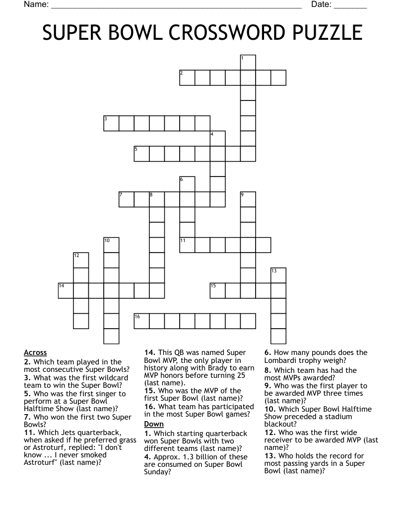 Super Bowl Crossword Puzzle - Wordmint within Super Bowl Crossword Puzzle Printable