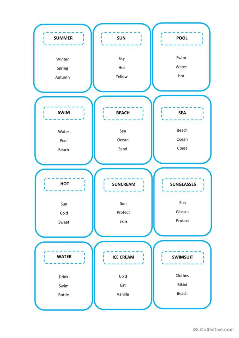 Taboo Cards - Summer: English Esl Worksheets Pdf &amp;amp; Doc intended for Free Printable Taboo Cards